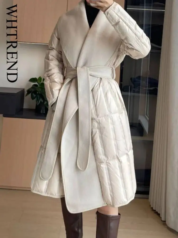 WHTREND Cappotti imbottiti eleganti per donna Giacca invernale in lana patchwork nuova con cintura WH1132