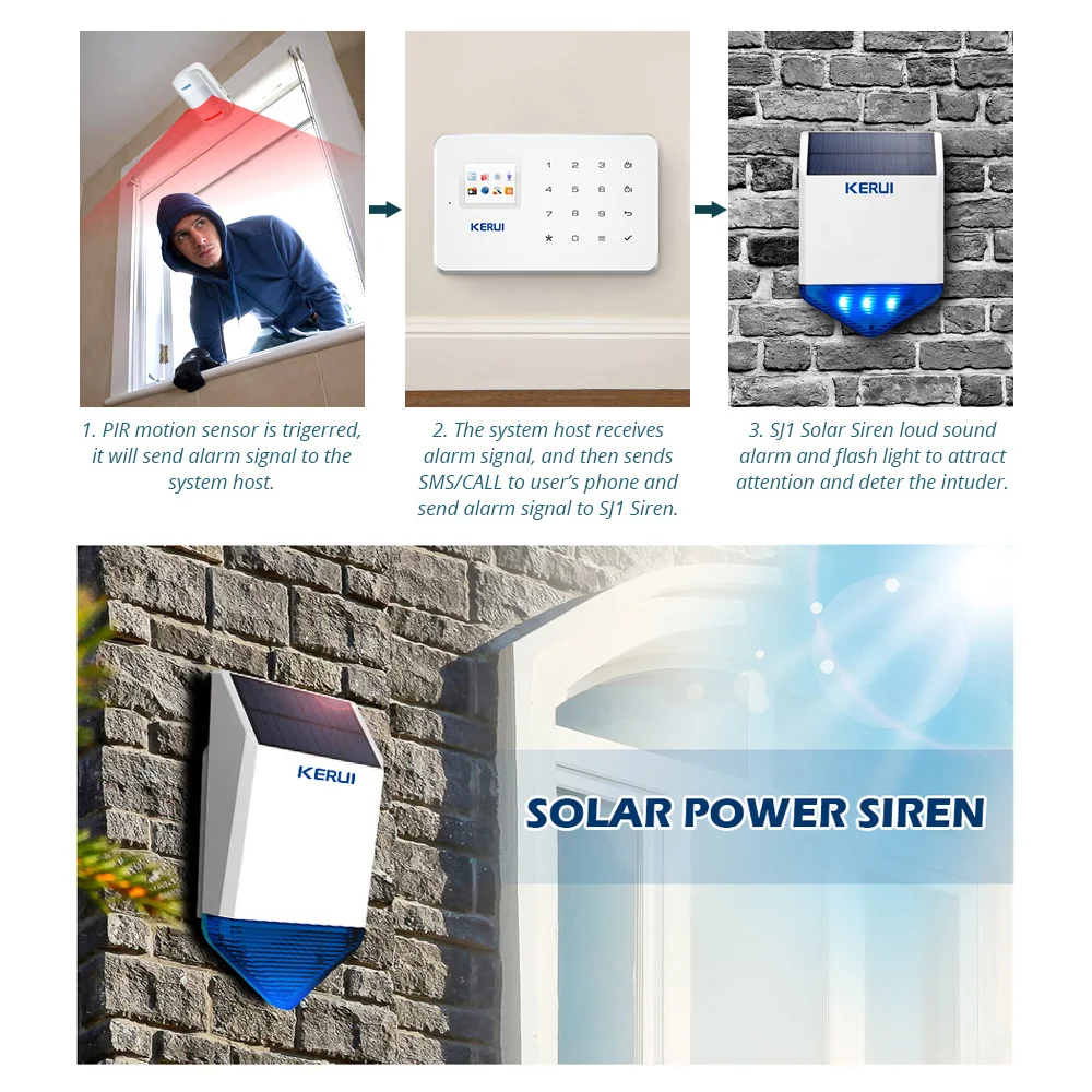 KERUI SJ1 Outdoor Solar Siren Panel For KERUI Alarm System Security with Flashing Response Sound 110DB