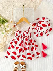 0-3 year old new baby and toddler girl summer style suspender with fruit print waist cinching dress+hat