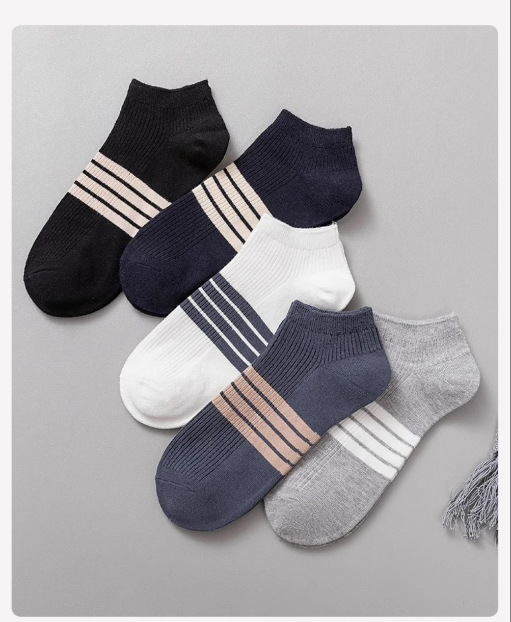 

5 Pairs Men's Plain Color Spring/Summer Loafer Socks, Moisture-Wicking, Airy, Lightweight, Non-Slip Athletic Stripes