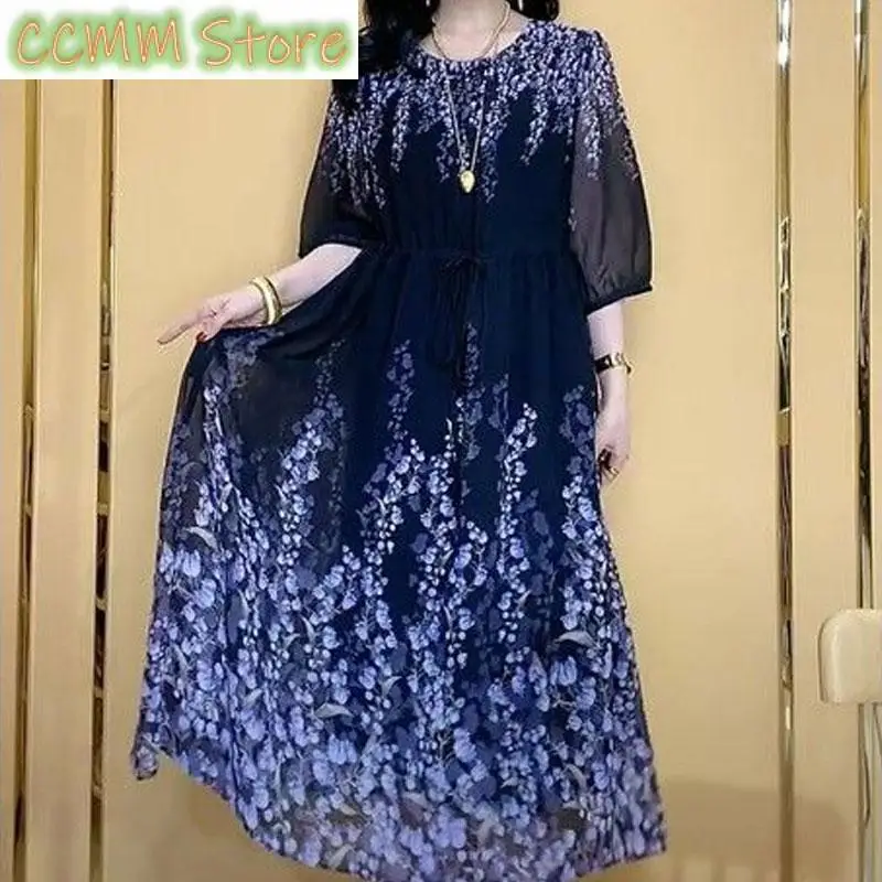 

Casual Fashion Broken Flowers Midi Dress Commute A-Line Waist Women's Clothing Round Neck Summer New Half Sleeve Elegant Dresses