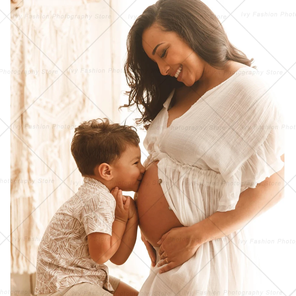 Vestido de maternidad para sesión de fotos para mujer, ropa de algodón y lino con cordón en la cintura, estilo bohemio