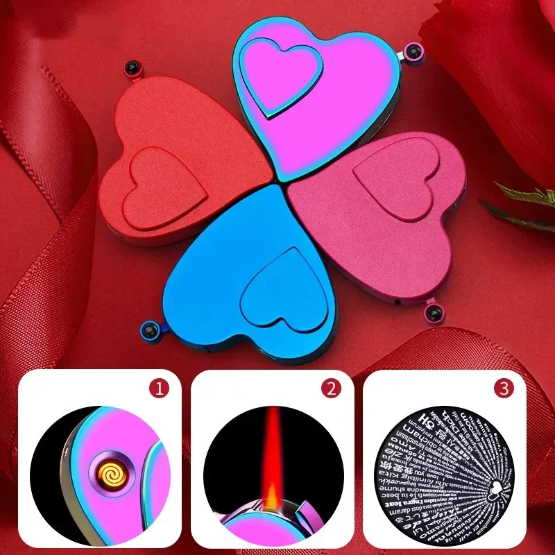 Love Heart Gas Electric Lighter Metal USB Recharge Lighters Windproof Jet Red Flame Unusual Gift Smoking Cigarette Accessories