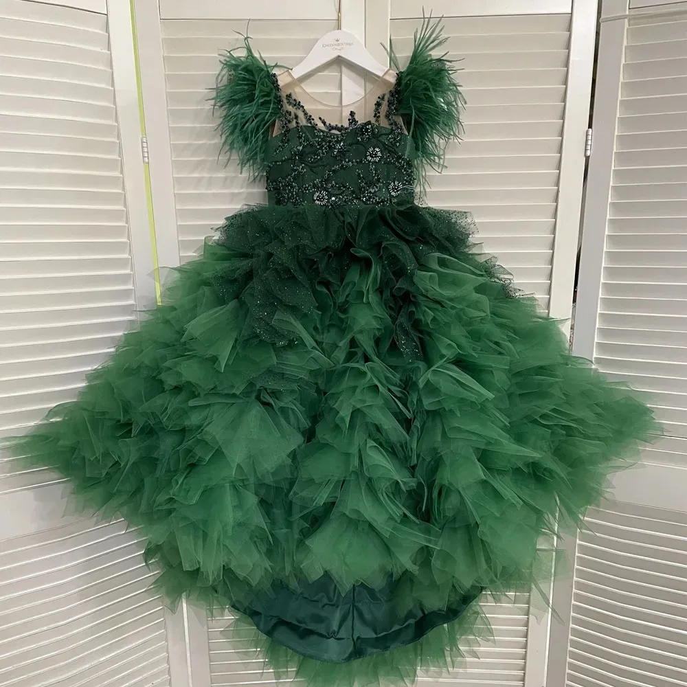 

Dark Green Flower Girl Dress A-Line Tiered Feather Girls Princess Wedding Dress Girl First Communion Gown Dress Customized