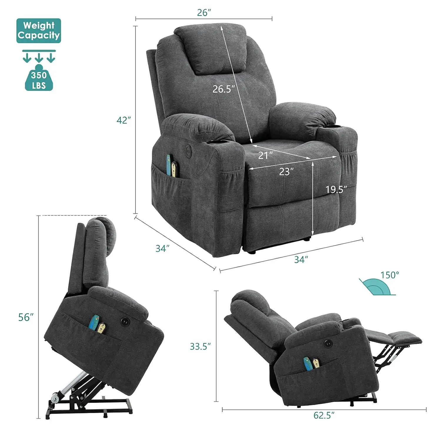 Power Lift Chair Electric Recliner for Elderly Heated Vibration Massage Soft Fabric Recliner Chair with 2 Remote, Customized