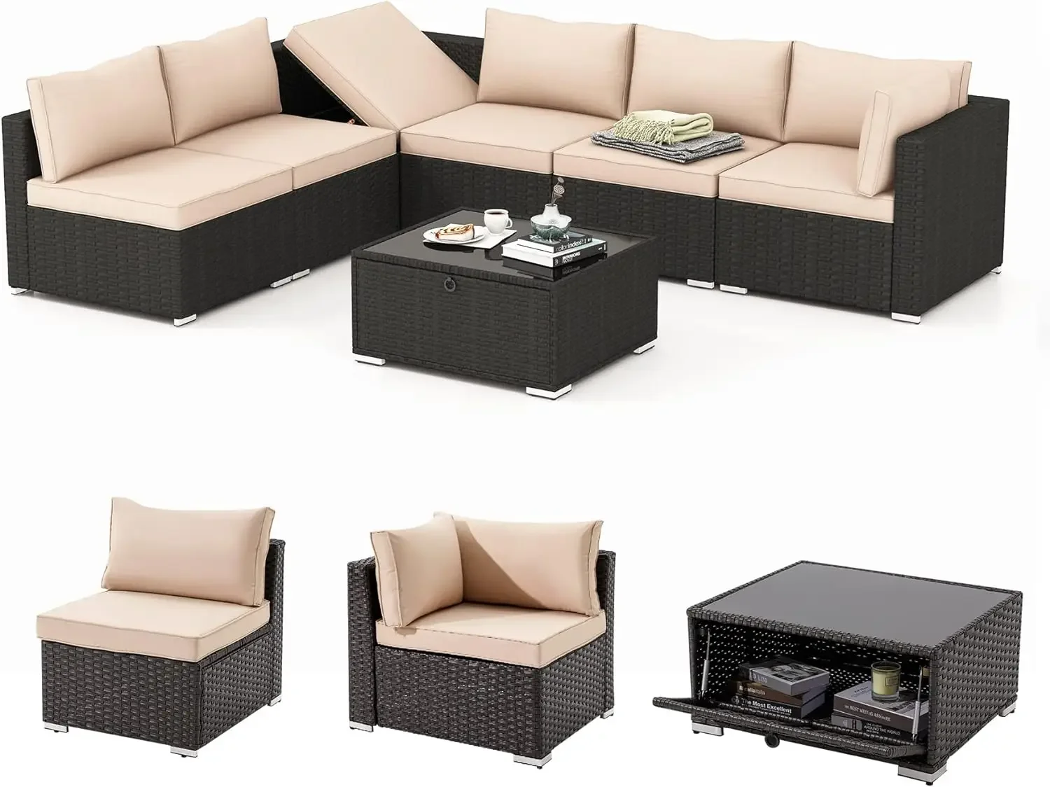 

Hand Woven PE Rattan Patio Conversation Sets, Outdoor Sectional Set with Storage Table, Cushions and Pillows