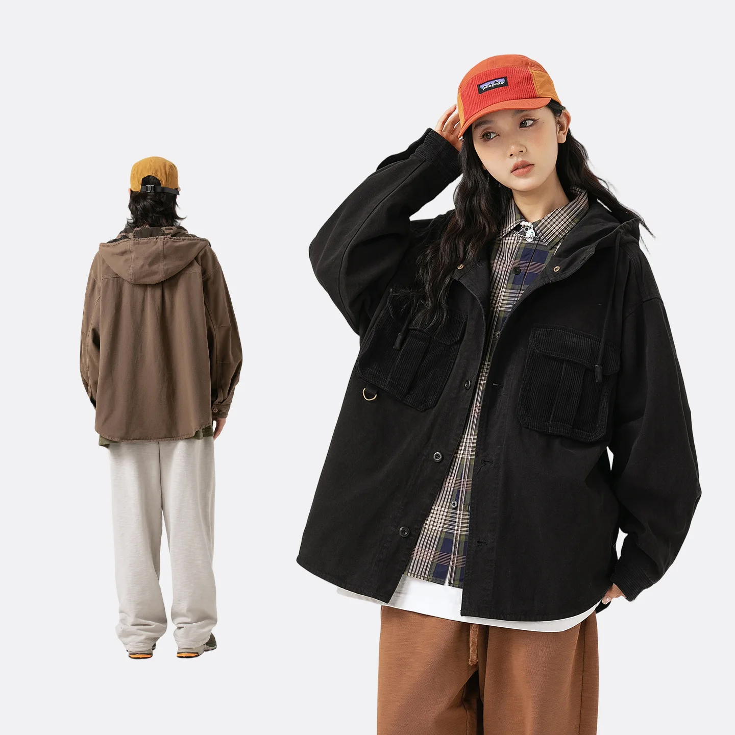 Women Spring Autumn Corduroy Pocket Oversize Shirt Style Hooded Cargo Jacket Men Streetwear Loose Casual Pure Cotton Coat