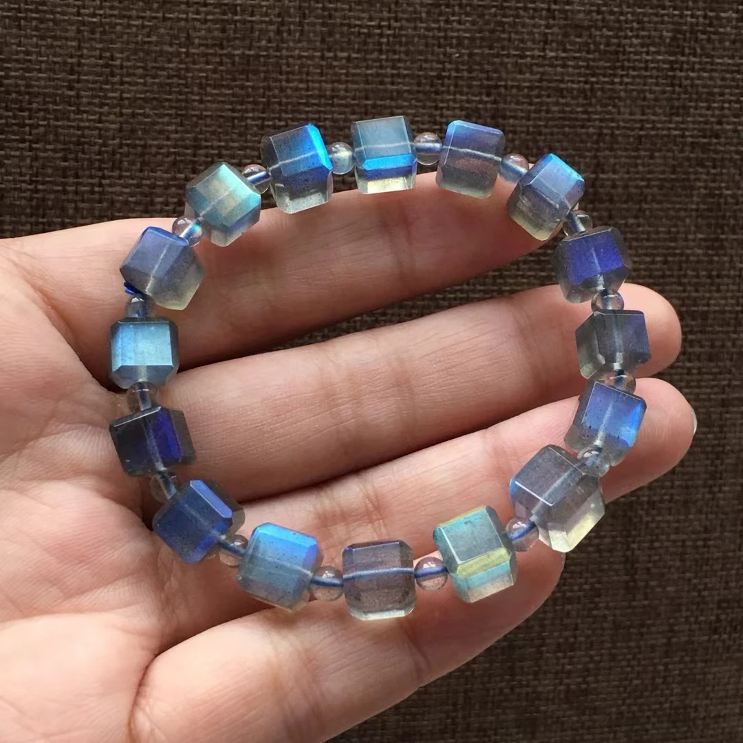 Natural Blue Light Labradorite Cube Beads Bracelet 9x9mm Crystal Women Labradorite Necklace Grey Moonstone Stone AAAAA