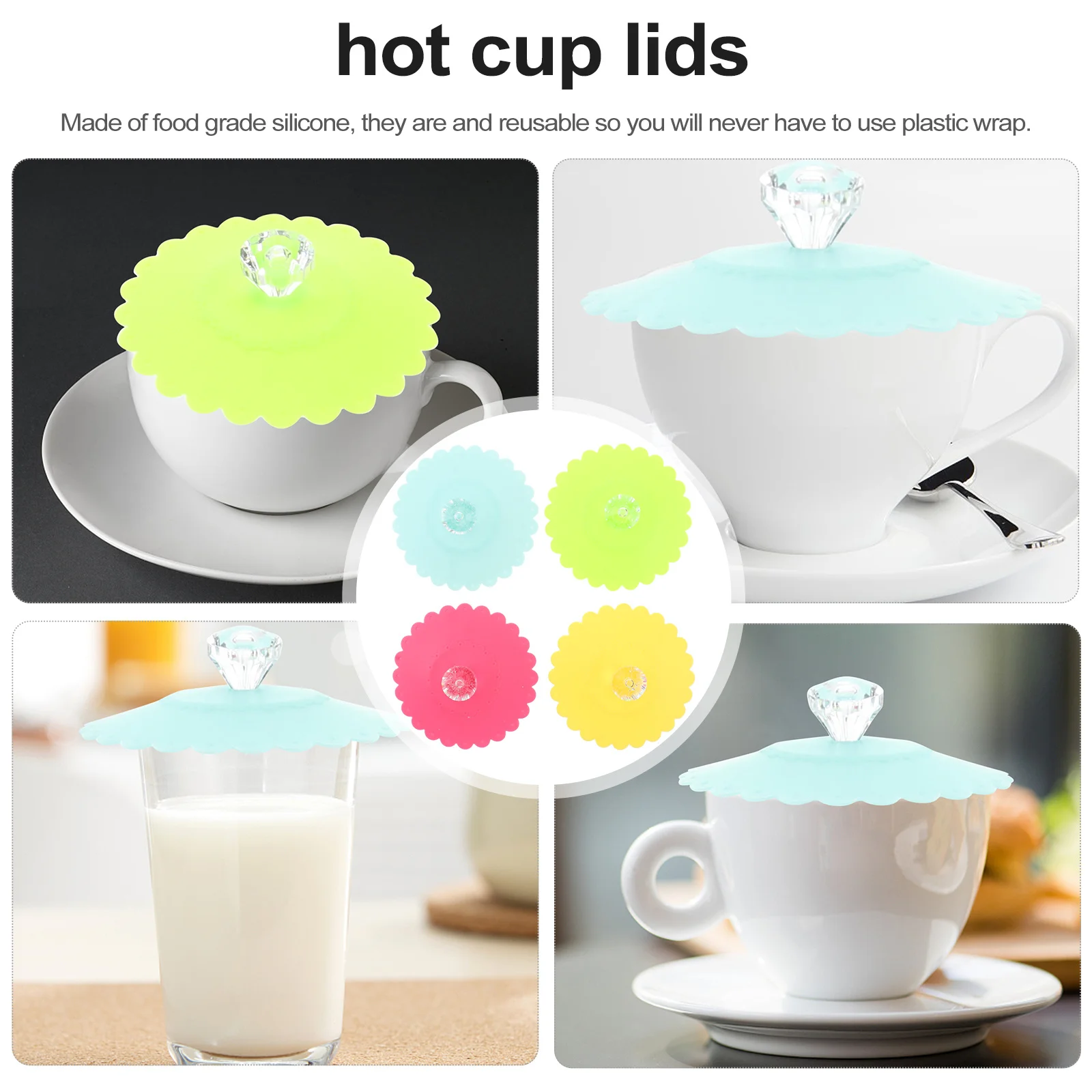 

6 pcs 10.5Cm Silicone Cup Lids Transparent Shiny Diamond Flower Pattern Airtight Leak Proof Mug Cover For Home Office Reusable