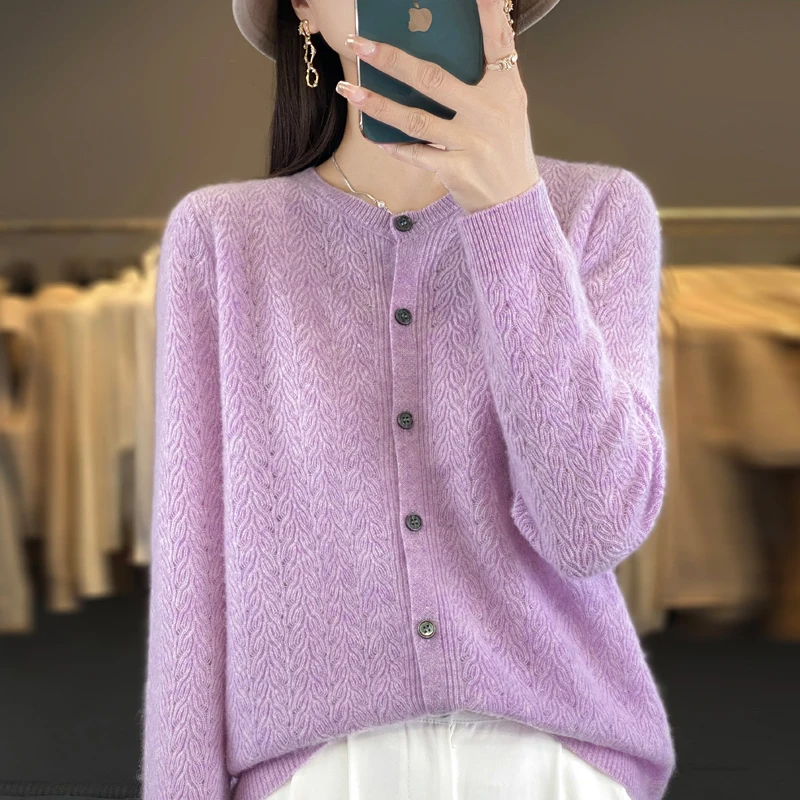 Women's Cardigan Spring/Autumn 100% Wool Knitted Sweater Casual Blouse Loose Ladies Tops Round Neck Single Breasted Jacket