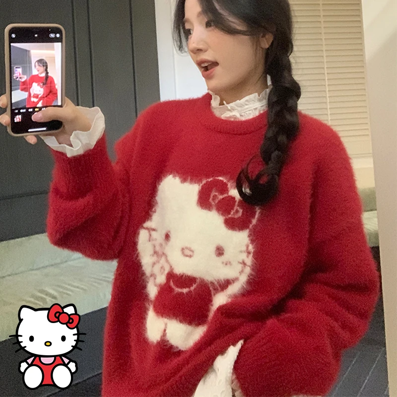 

Kawaii свитер Hello Kitty Y2K, женский вязаный пуловер, осень-зима, свободные свитера с круглым вырезом для отдыха, винтажная уличная одежда для девочек, подарок