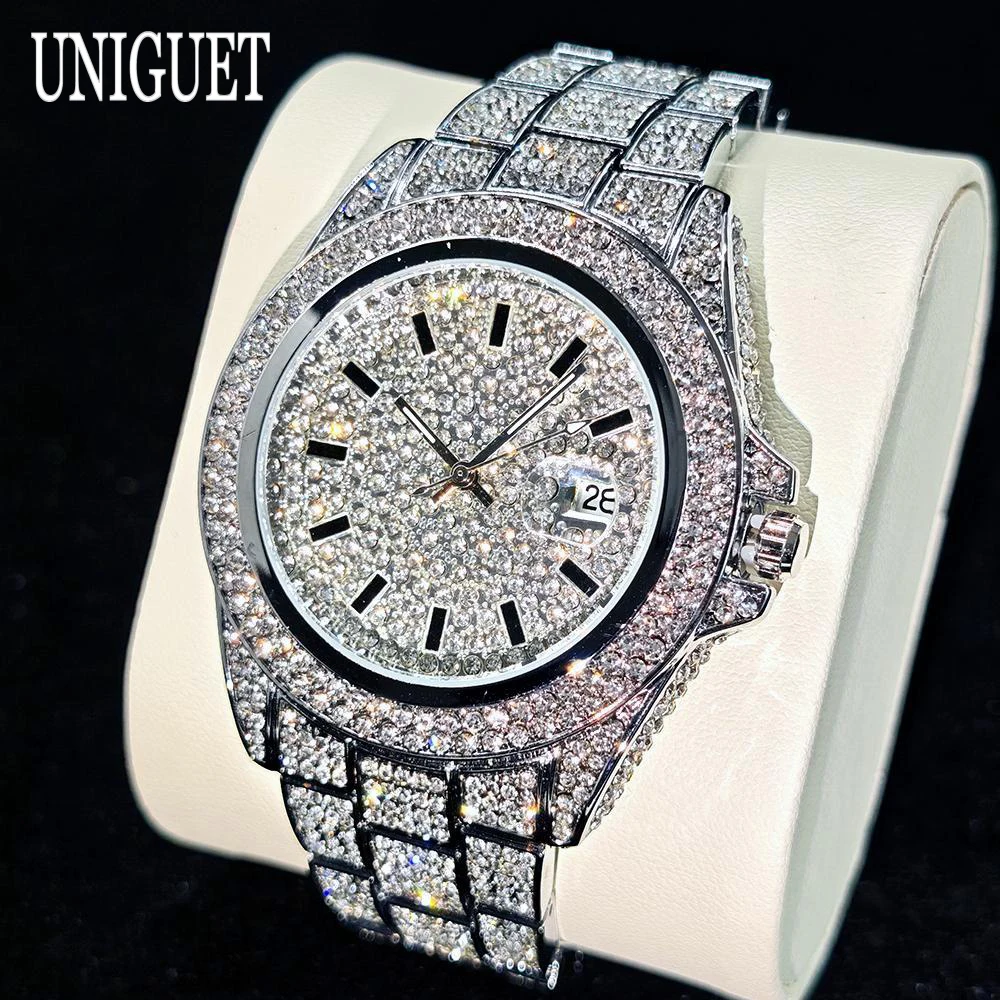 UNIGUET Full Diamond Watches Men Luxury Fashion Iced Out Quartz Wristwatch Hip Hop Style Bling Watch Man Dropshipping