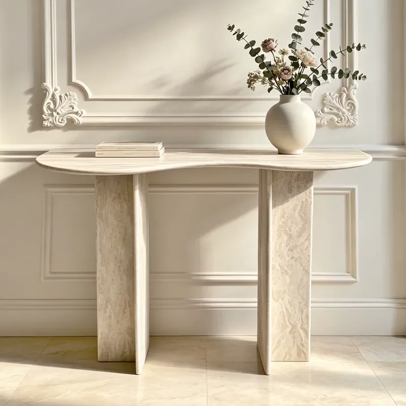 Cream Marble Entrance Table Narrow Console Table Against Wall Light Luxury High End Wabi Sabi Style Entryway Furniture