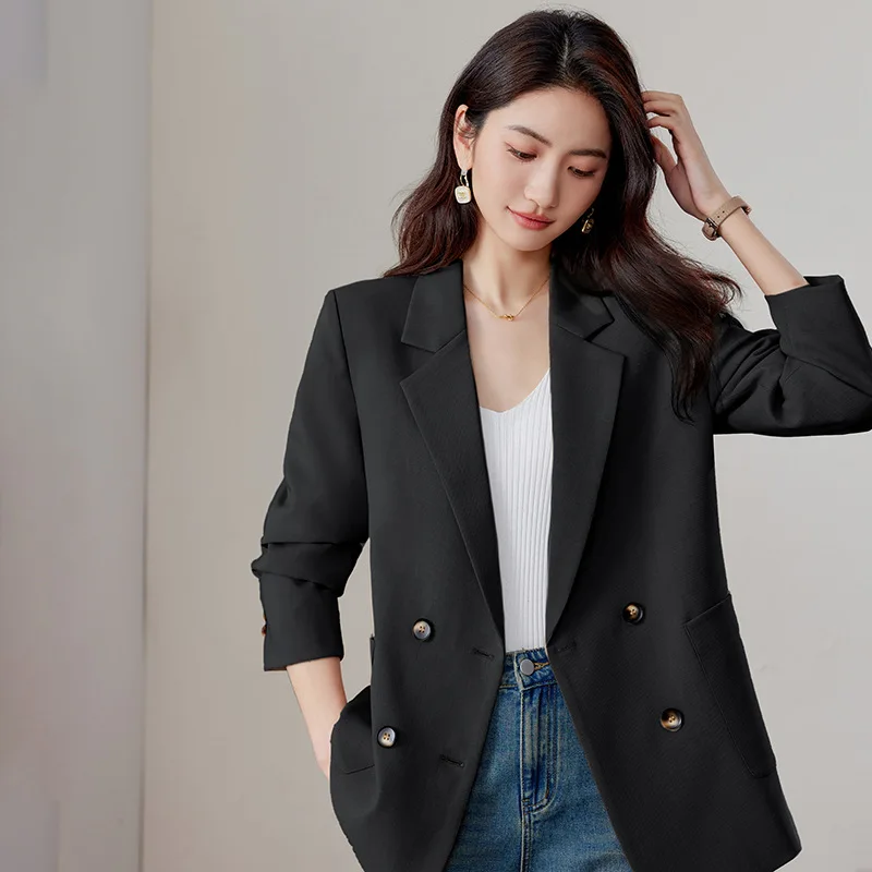 高品質レディースブレザー ノッチカラー ダブルブレストジャケット 秋冬2025 エレガントオフィスウェア ブラック カーキ