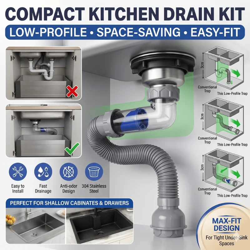 

110mm Kitchen Sink Drain Kit with Flexible Expandable Hose Anti-Clogging 304 Stainless Steel Strainer Set Odor-Proof Check Valve