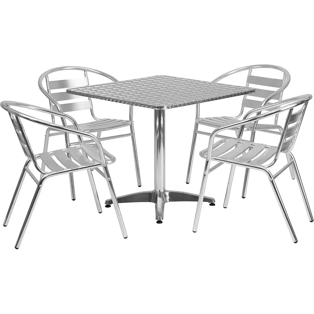 31.5 Square Aluminum Outdoor Table Set with 4 Slat Back Stacking Chairs Durable Patio Furniture Home Café Restaurant Use