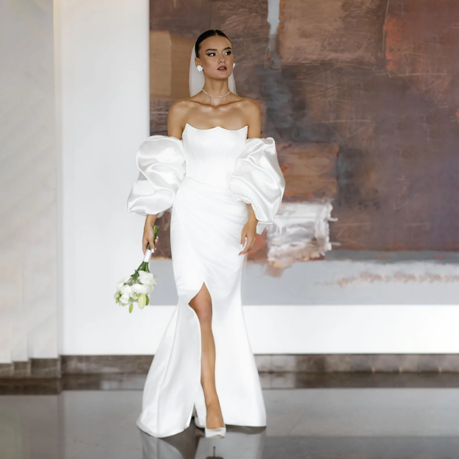 Strapless Mermaid Wedding Dress Side Split Puffy Bubble Sleeves Ruched Bridal Gown For Women Elegant Vestido Novia Customized