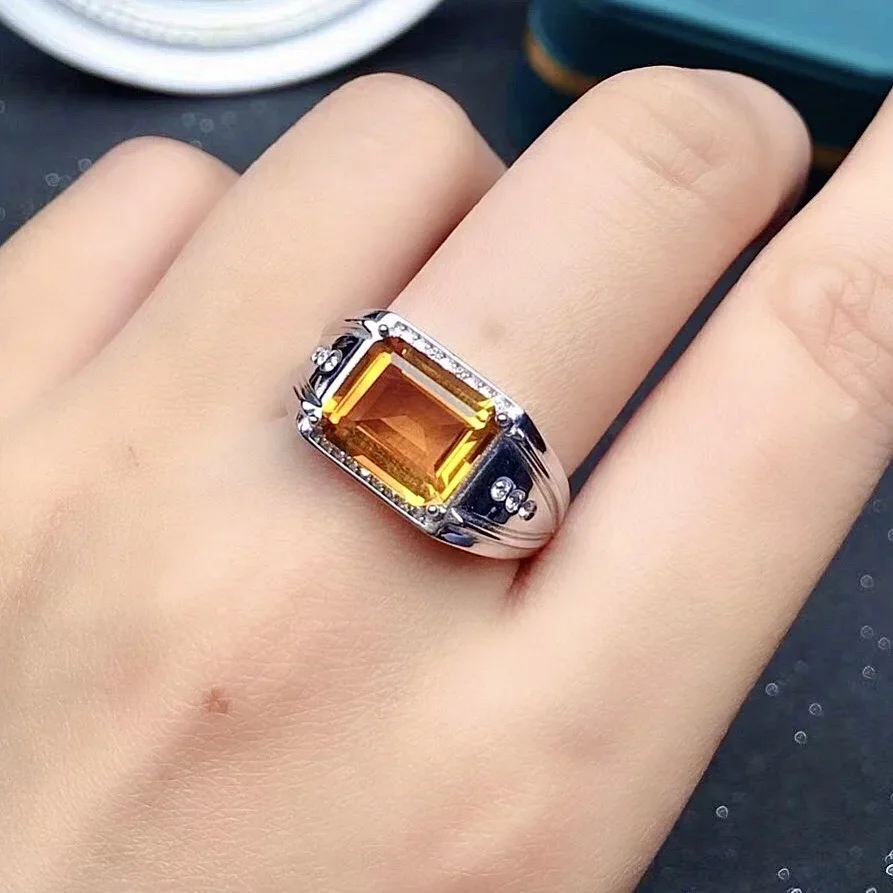 

Fashion Crystal Ring for Man 8mm*10mm VVS Grade Natural Citrine Ring Solid 925 Silver Man Citrine Jewelry
