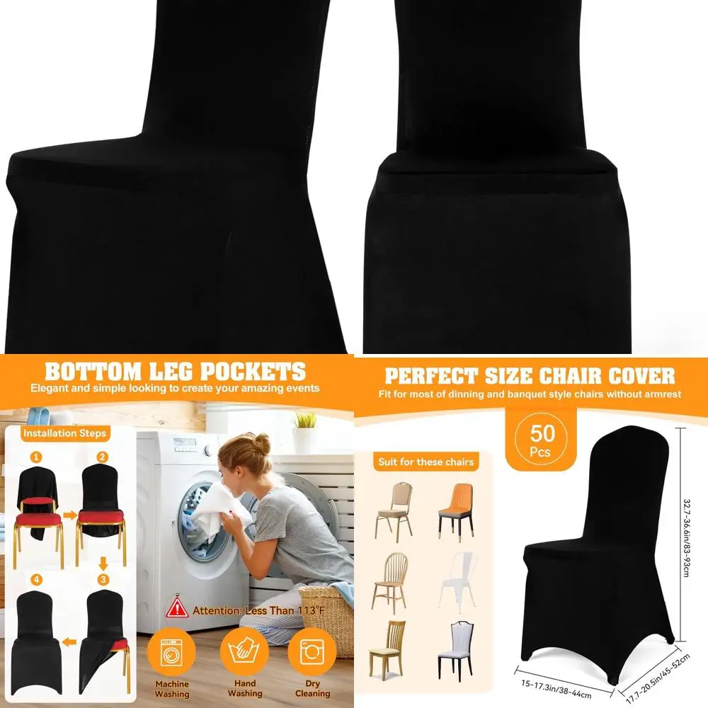 

50 упаковок черных эластичных чехлов для стульев из полиэстера и спандекса для свадеб, вечеринок, столовой, банкетов