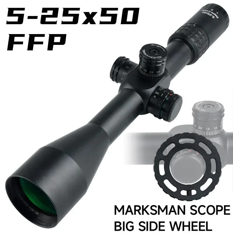 5-25X50 FFP Rifle Scope Red Green Reticle Long Range Shooting Hunting Scope Big Side Wheel Parallax Adjustable Optical Sight