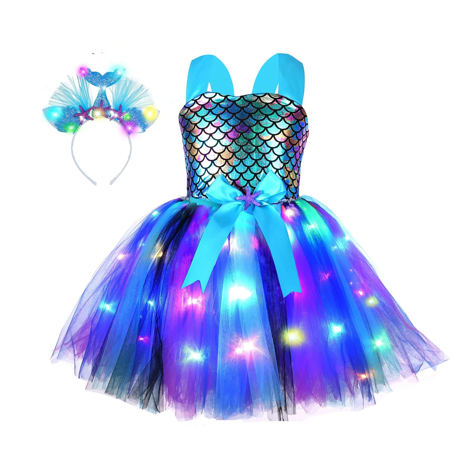 Vestido led sereia tutu crianças vestidos de festa de aniversário pequena sereia trajes de princesa para halloween ano novo vestir-se roupa