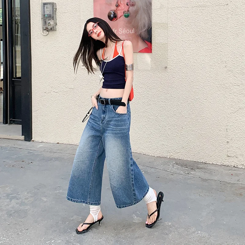 

Summer's New Design of High-waisted Loose Seven-inch Jeans, Fashionable American Retro Straight-leg Wide-leg Jeans for Women
