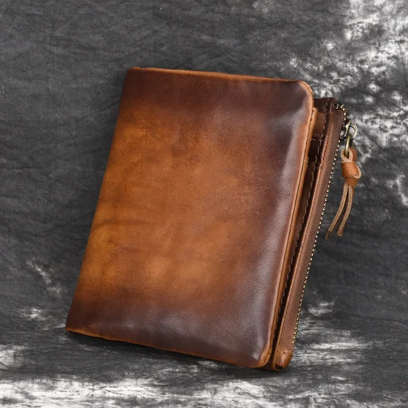 Wallet for Men Double Zippered Men's Card Wallet Vintage Genuine Leather Brown Coffee Bifold Mens Wallet