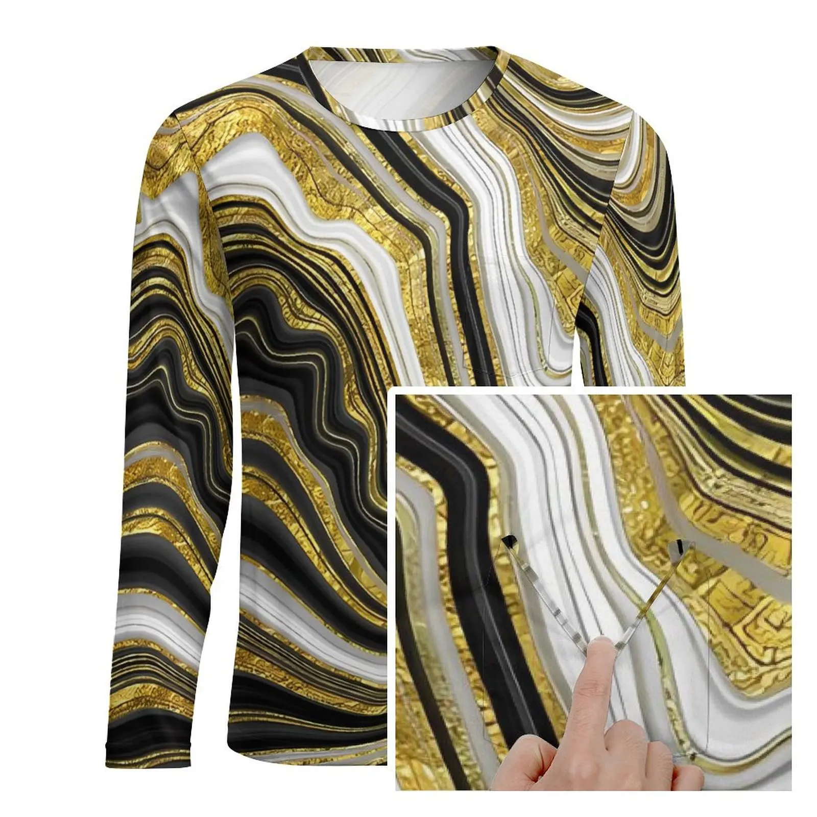 Gold Glitter Marble Print T-Shirt  Male Hip Hop T-Shirts With Pocket Autumn Design Tees Long Sleeve Oversized Birthday Present