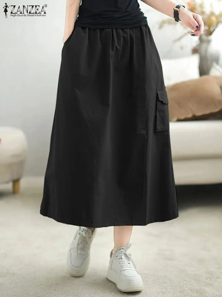 ZANZEA Women Cargo Midi Skirts 2024 Vintage Big Pockets Faldas Casual Loose Solid Jupes Spring Elastic Waist Skirts Streetwear