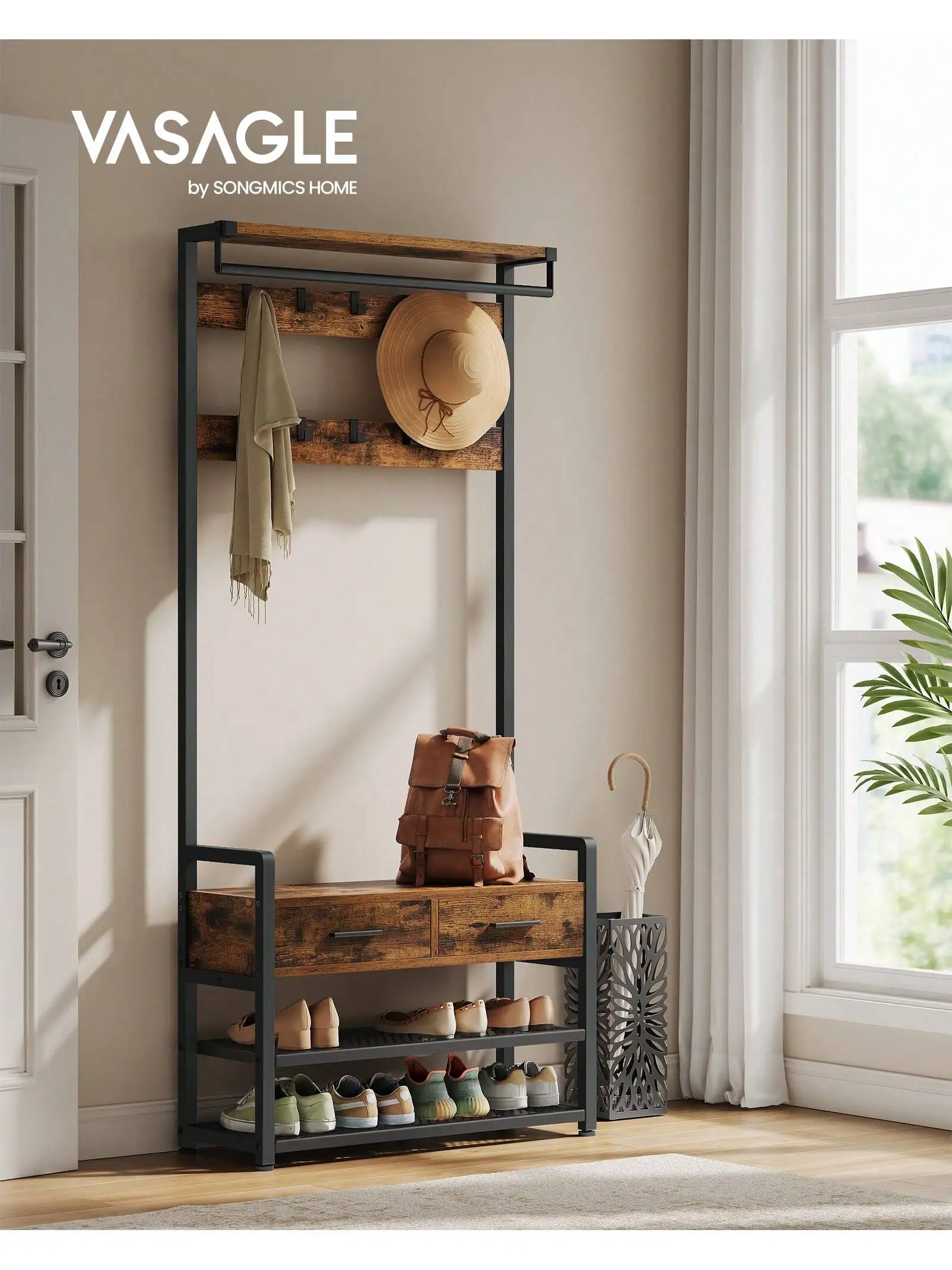 VASAGLE Hall Tree con panca, scarpiera, appendiabiti, 2 cassetti in tessuto, 10 ganci, 30x80.4x181.6