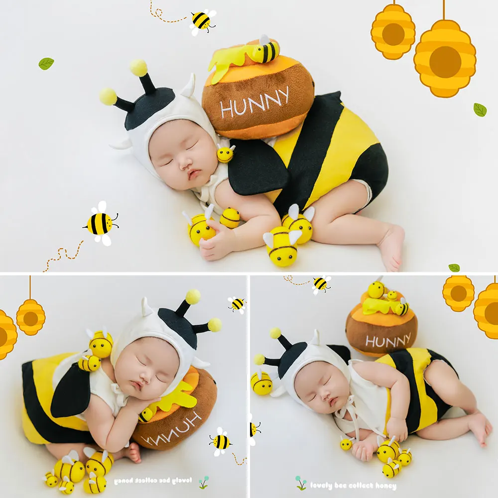 

0-1 Month Newborn Photography Props Set Cute Animal Theme Outfits+Hat Set Included Bee Style Photo Shoot Props Accessories