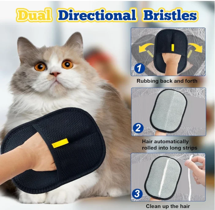Pet Grooming Glove Brush Bidirectional Bristles Self‑Collect Loose Fur Reusable Hand‑Held Mitt for Dogs Cats Daily Grooming