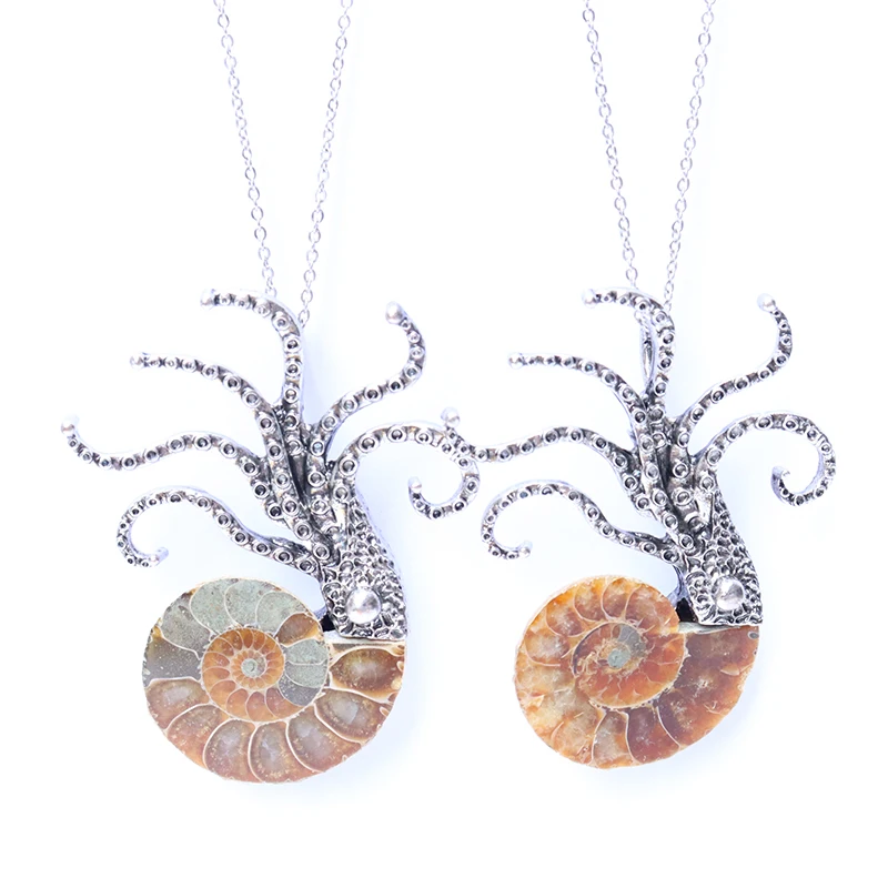 OUENGE Natural Conch Ammonite Pendant Half Cut Snail Shell Animal Necklace Women Men Jewelry OG110