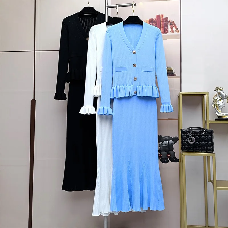 

Fall Winter Knitted Dress Sets 2 Piece Women 2025 Fashion Flare Sleeve Sweater Top and Long Mermaid Skirt Suit Blue Outfit