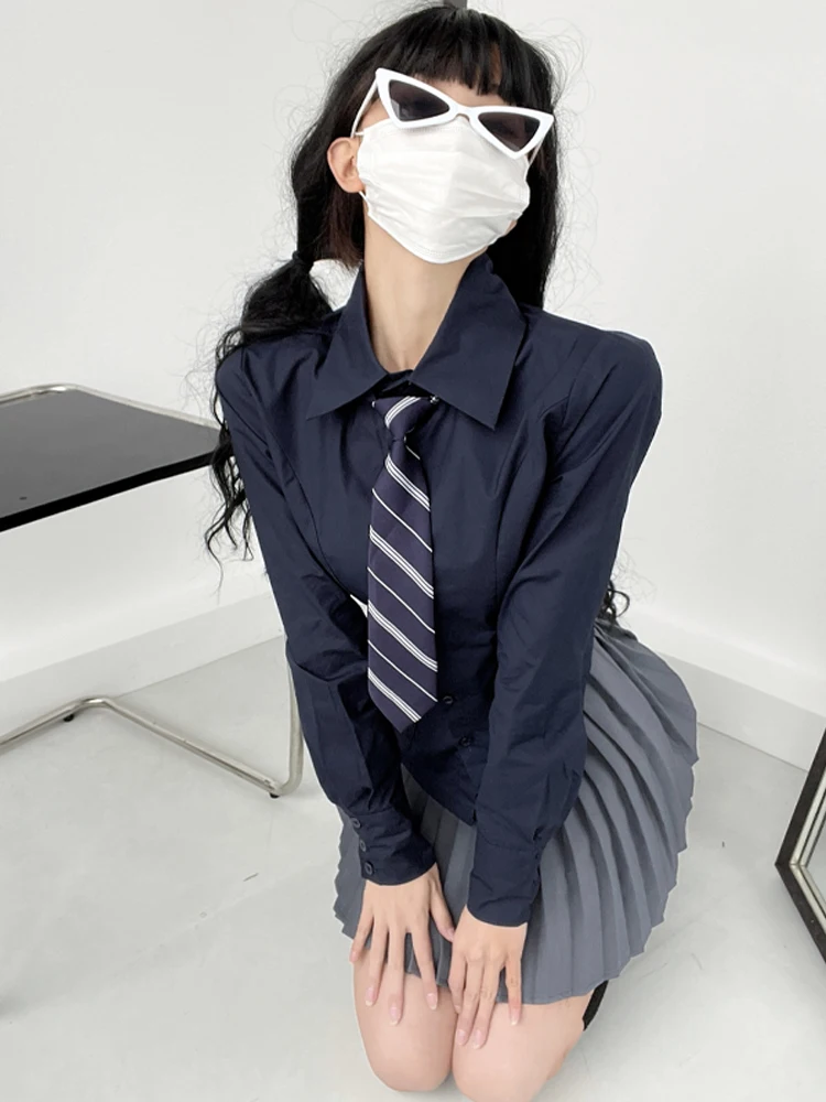 

Slim Fit Long Sve Collar irt for Women in Royal Blue Color Sweet Sle JK orm Waist Cinching Design