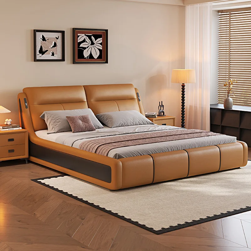 Multi-Functional Genuine Leather Italian Minimalism High-End Elegant Adjustable Upholstered Bed Light-Luxury 150-180cm