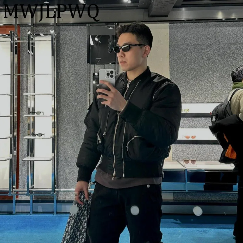 

MWJLPWQ American Style Multi-Pocket Detachable Zipper Padded Men High Street Stand Collar Trendy Winter Casual Cotton Coat 12380