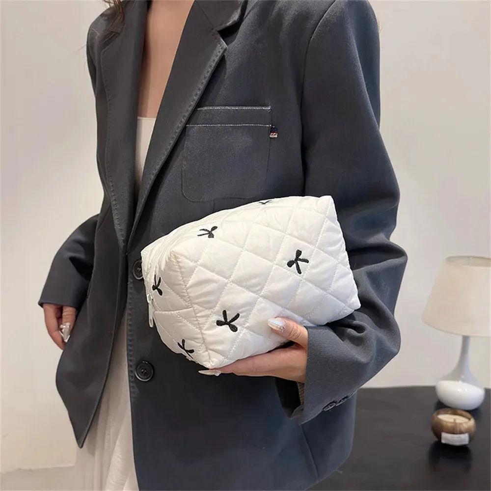 Bow Embroidered Makeup Bag for Women Large Capacity Travel C