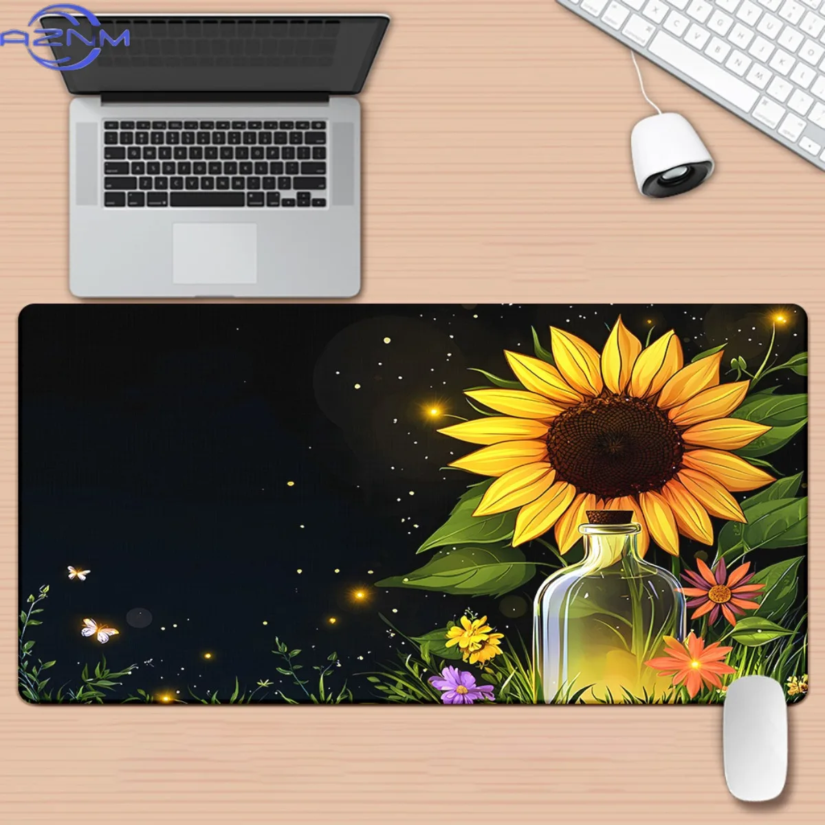 Large Mouse Pad in Sunflower Jar Decorated with Lively Floral Motifs, Stars And Butterflies. It Has a Rubber Base for Office Use