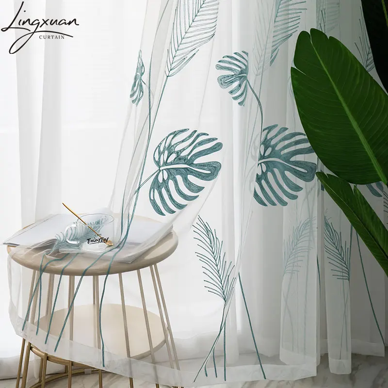 Embroidered Palm Leaves Tulle Window Curtain For Living Room Bedroom Plant Voile Sheer Curtains Kitchen Treatments Panel Drapes