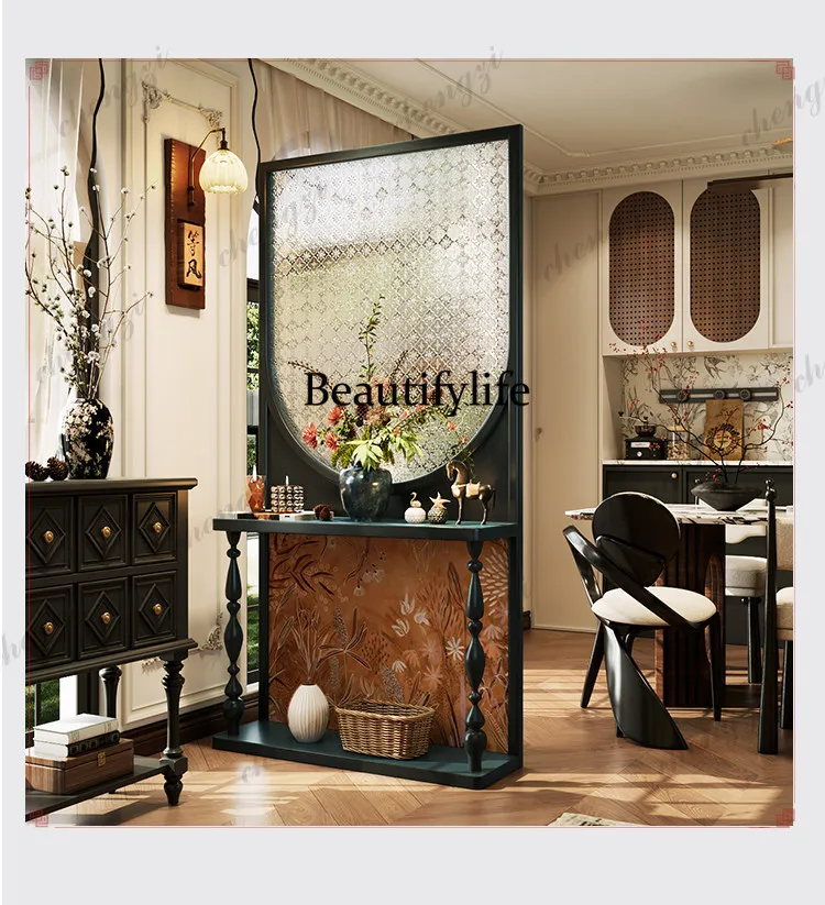 Entry entrance partition screen living room blocking glass solid wood American retro glass rack