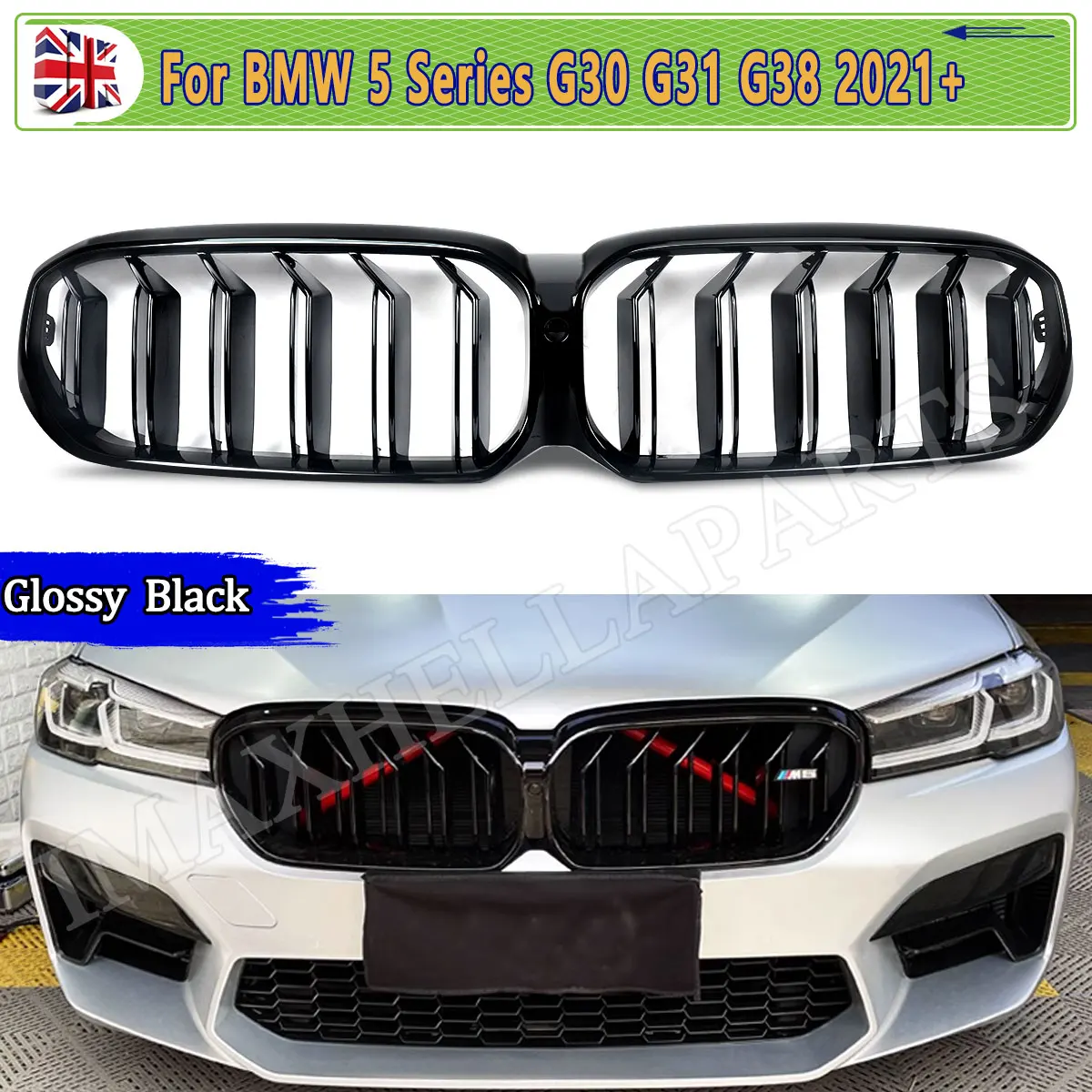 

Replace For BMW 5 SERIES G30 FRONT KIDNEY GRILL G31 520i 520d 530i 540i LCI 2021 2022 2023 DOUBLE SLAT Car Grill GLOSS BLACK