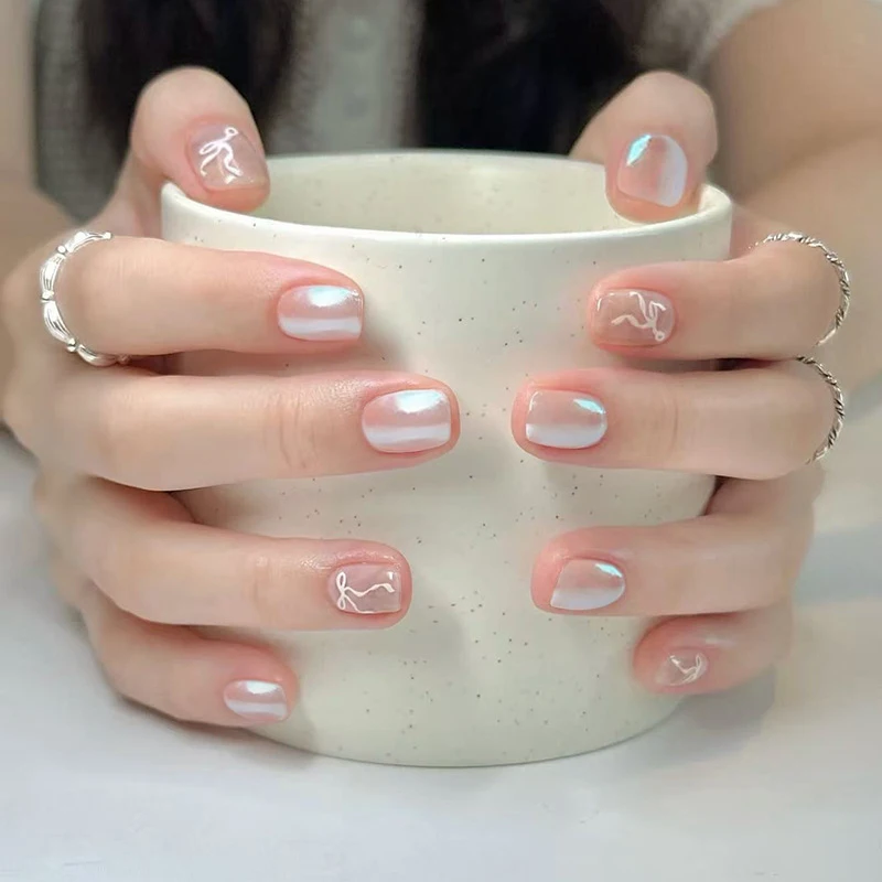 Set de 24 uñas postizas con brillantina y diamantes, color rosa empolvado, efecto ojo de gato, dulces y lindas, cortas cuadradas 2