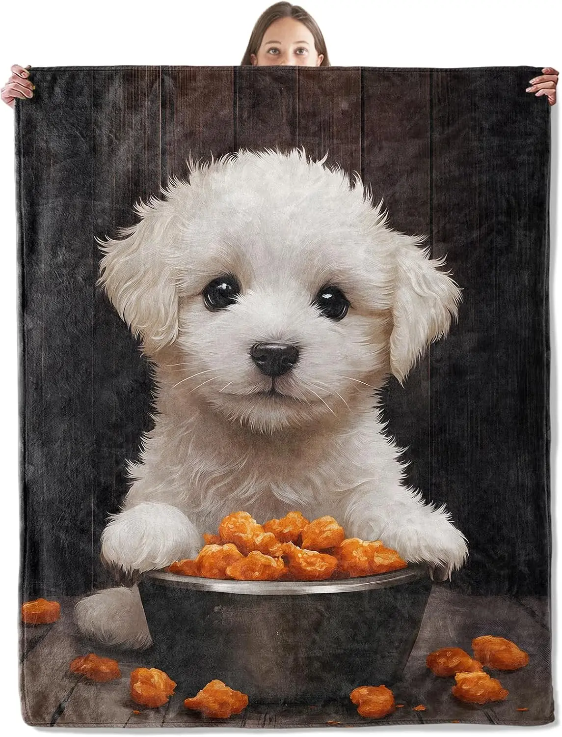 Funny Bichon Frise Chicken Nugget Throw Blanket, Rustic Wood Pet Food Warm Blanket for Couch Trip Pet Lover Household Decor