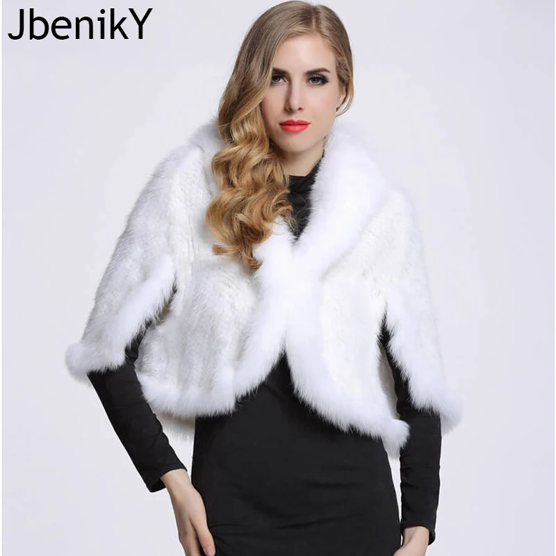 

Winter Women's Genuine Knitted Mink Fur Shawls With Fox Fur Collar Capes Bat Sleeve Bridal Wraps Outerwear Coats