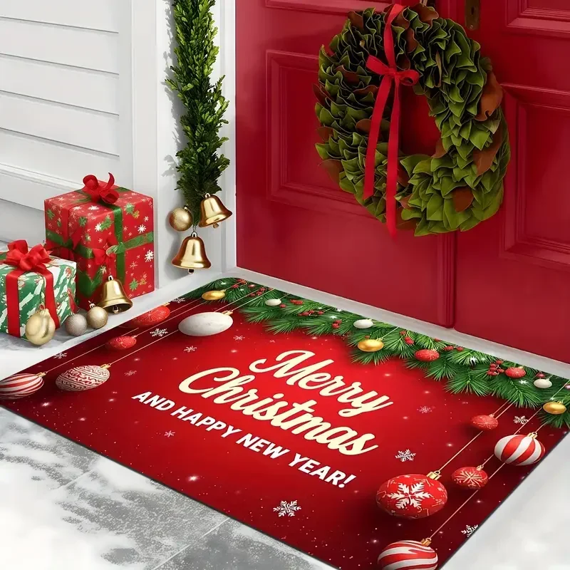 ممسحة فيكاما لعيد الميلاد المجيد مع فروع الصنوبر والكرات - قابلة للغسل في الغسالة، مادة الفانيلا، تصميم احتفالي باللونين الأحمر والأخضر