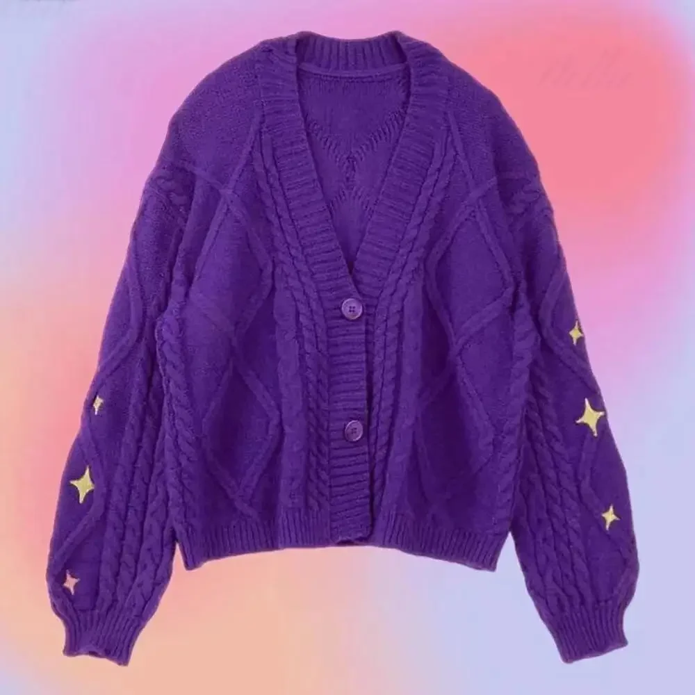 Fale agora-Casaco de lã bordado estrela dourada, camisola violeta, botões, roupa vintage, outono, inverno, torção