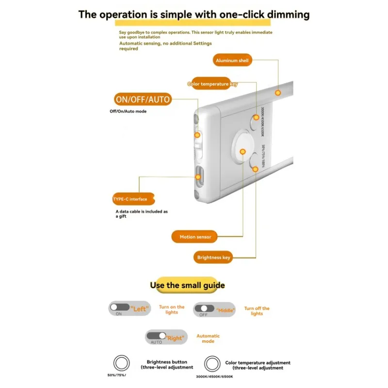 A63K-Smart LED Motion Sensor Light-For Bedroom, Cabinet Outdoor-24CM 1500MA 3 Color Night Light With Human Body Detection