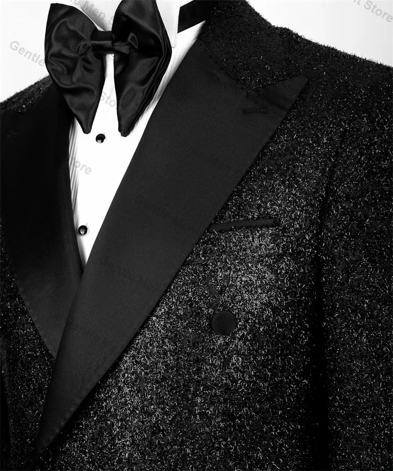 Glitter Black Men Suits Set 2 Piece Blazer+Pants Double Breasted Prom Groom Wedding Tuxedo Coat Custom Made Jacket Trousers