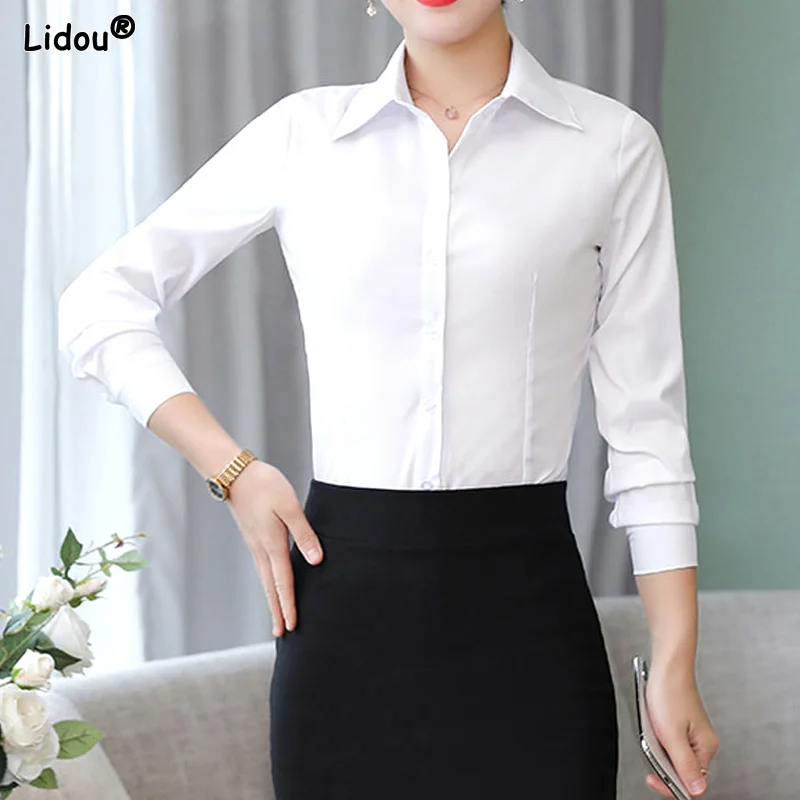 

Long Sleeve Office Lady Elegant Skinny Blouses Solid Button Simplicity Spring Summer Thin Capable Intellectual Women's Clothing